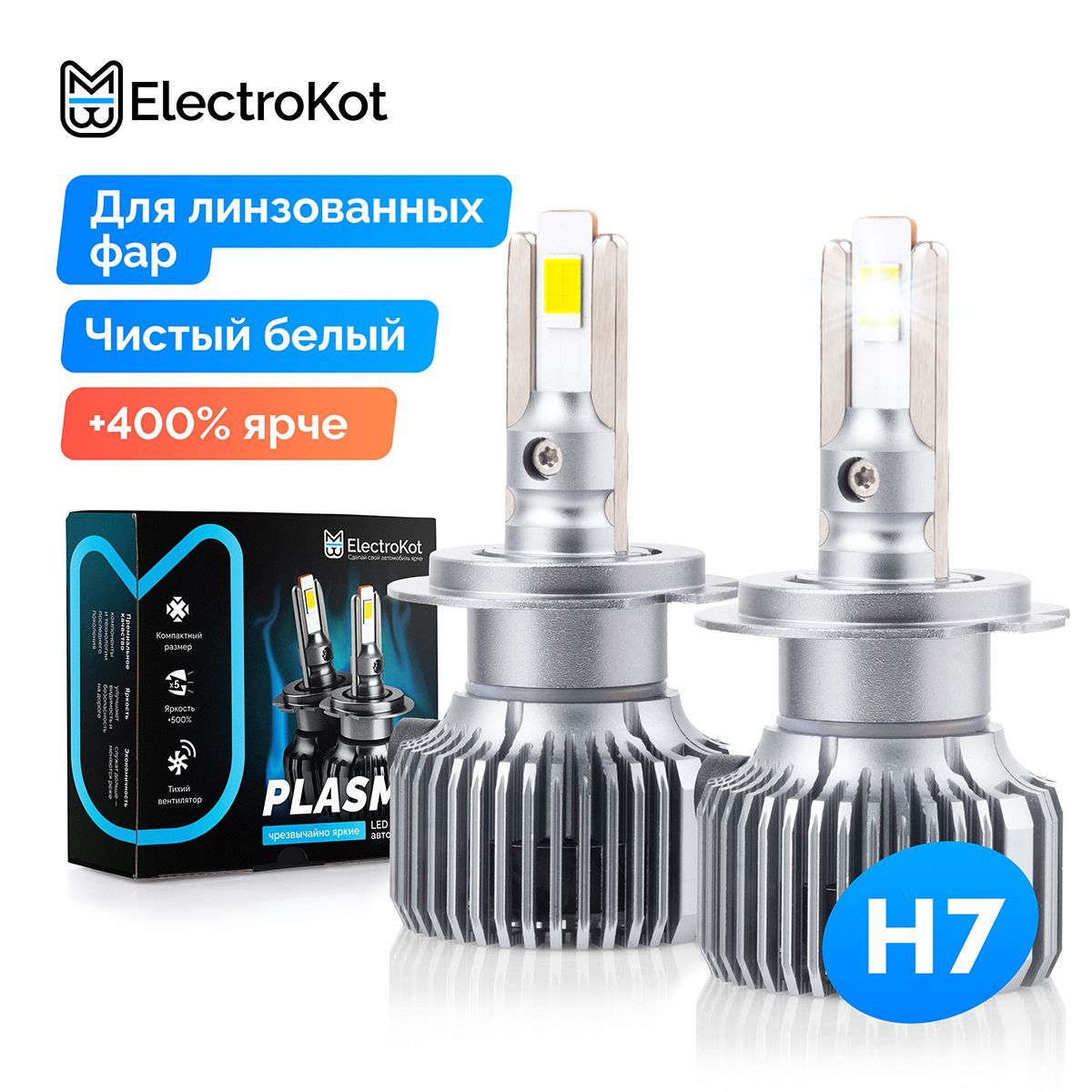 Светодиодные LED лампы для авто ElectroKot Plasma белый свет 5000K H7 2 шт,  в ближний, дальний