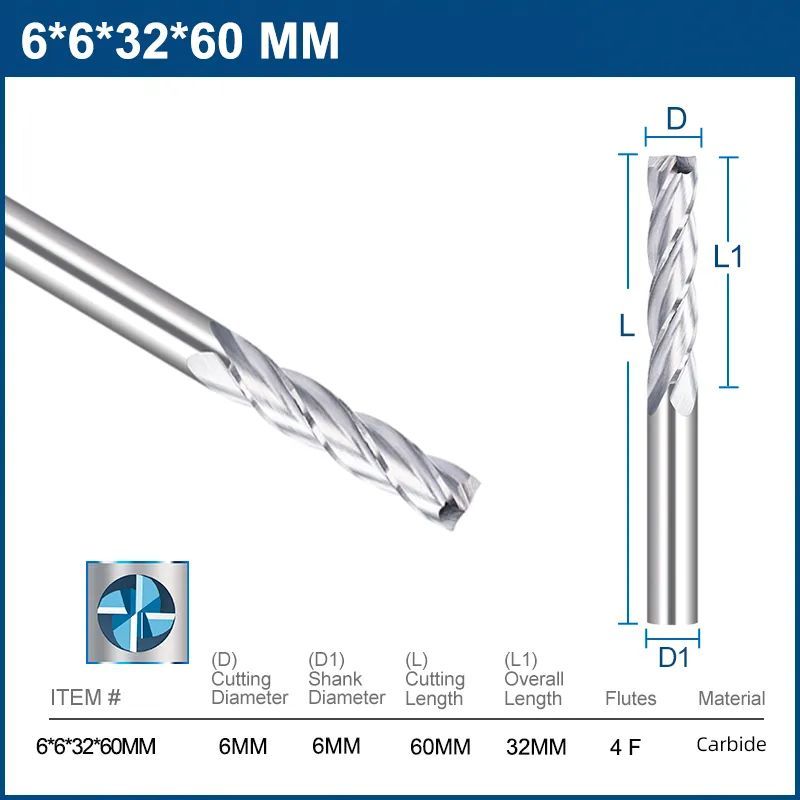 ФрезаконцеваятвердосплавнаячетырехзаходнаяXCAN6х32х60мм