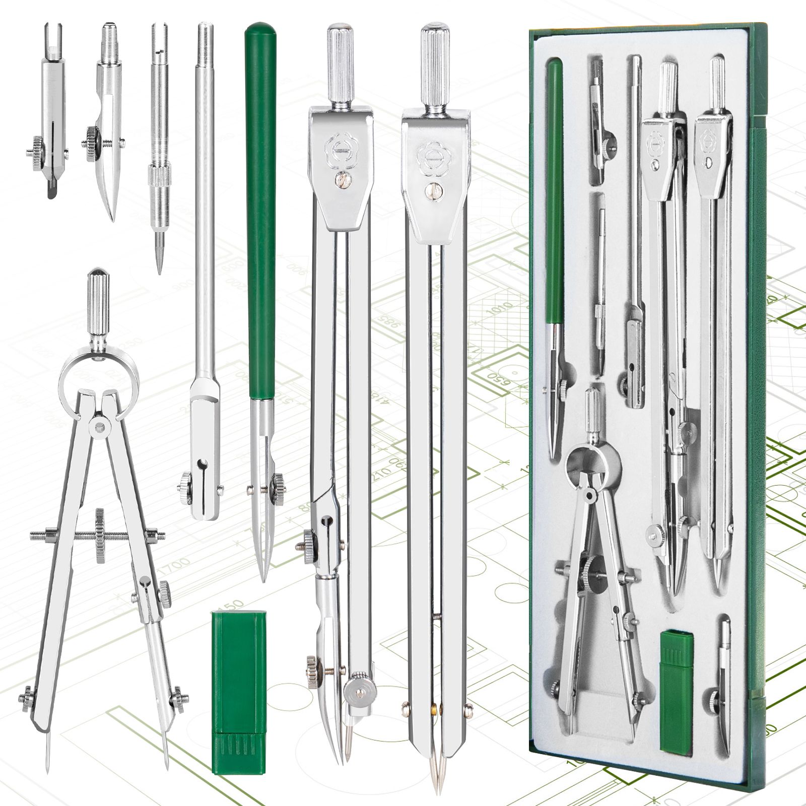 Готовальня профессиональная с циркулем, 9 предметов, для школы, для чертежных работ, для архитекторов