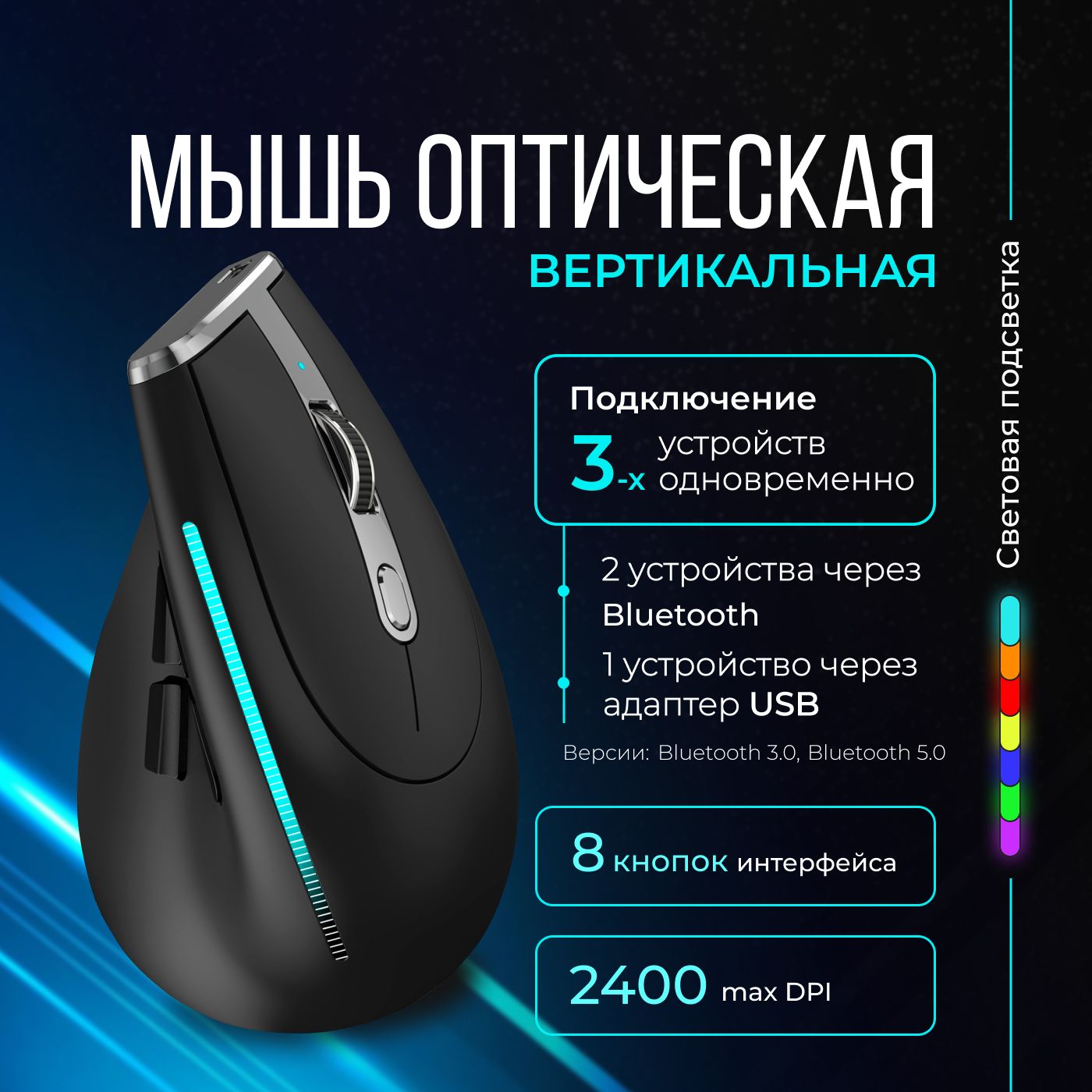 Мышкабеспроводнаявертикальнаядлякомпьютера,ноутбукасBluetoothиUSB.