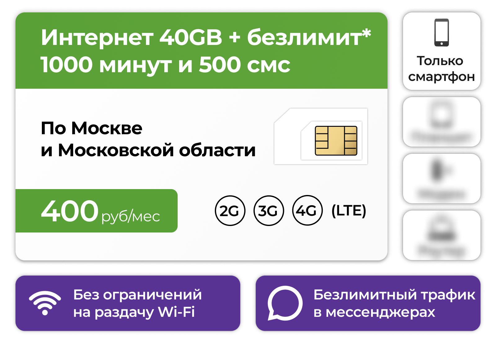 Интернет тариф для смартфона NomerOK SIM-карта 1000 минут и 500 смс + 40GB  интернета и безлимит в мессенджерах 3G / 4G за 400 руб в месяц (Москва, Московская  область) - купить с