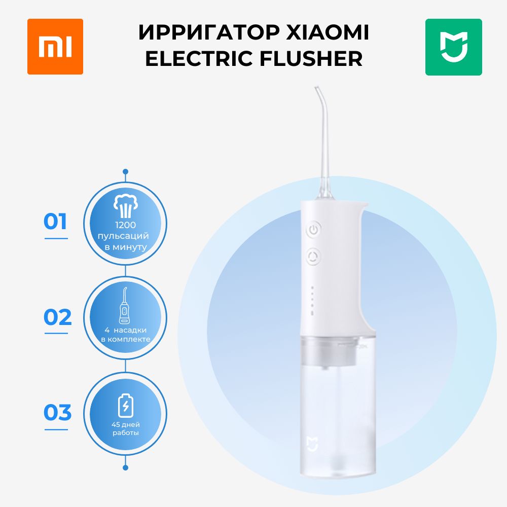 Беспроводной портативный ирригатор для зубов Xiaomi Mijia Electric Flusher  (MEO701) (в комплекте стандартная насадка, для чистки языка, ...