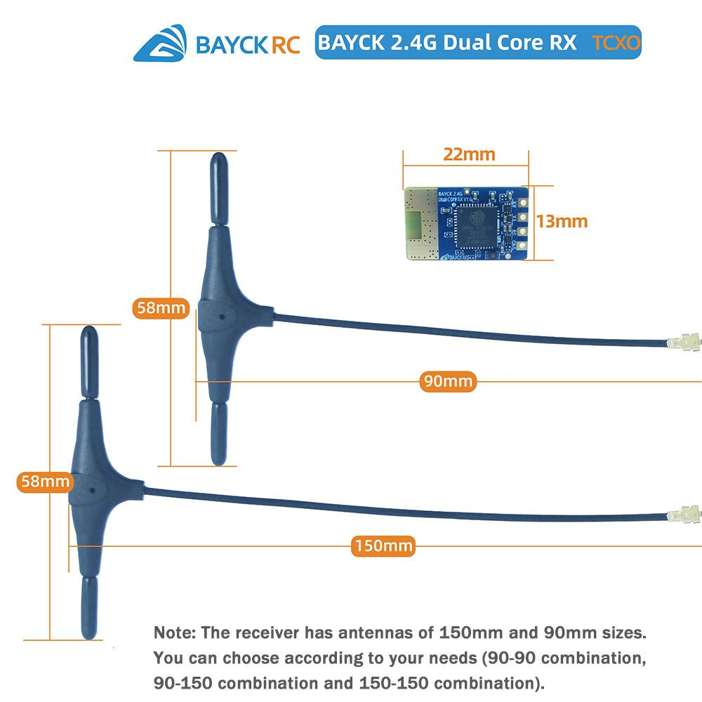 BAYCK ELRS 2.4GHz Dual Core Nano RX TCXO receiver 90mm + 150mm