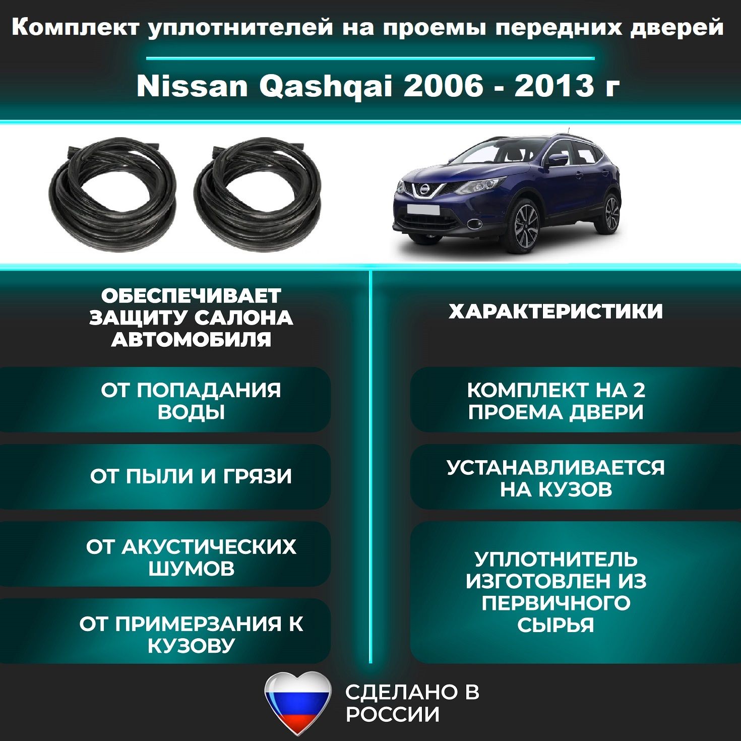 Комплект уплотнителей проема передних дверей на Nissan Qashqai 2006-2013 г / уплотнитель на водительскую и пассажирскую дверь Ниссан Кашкай (правую и левую)