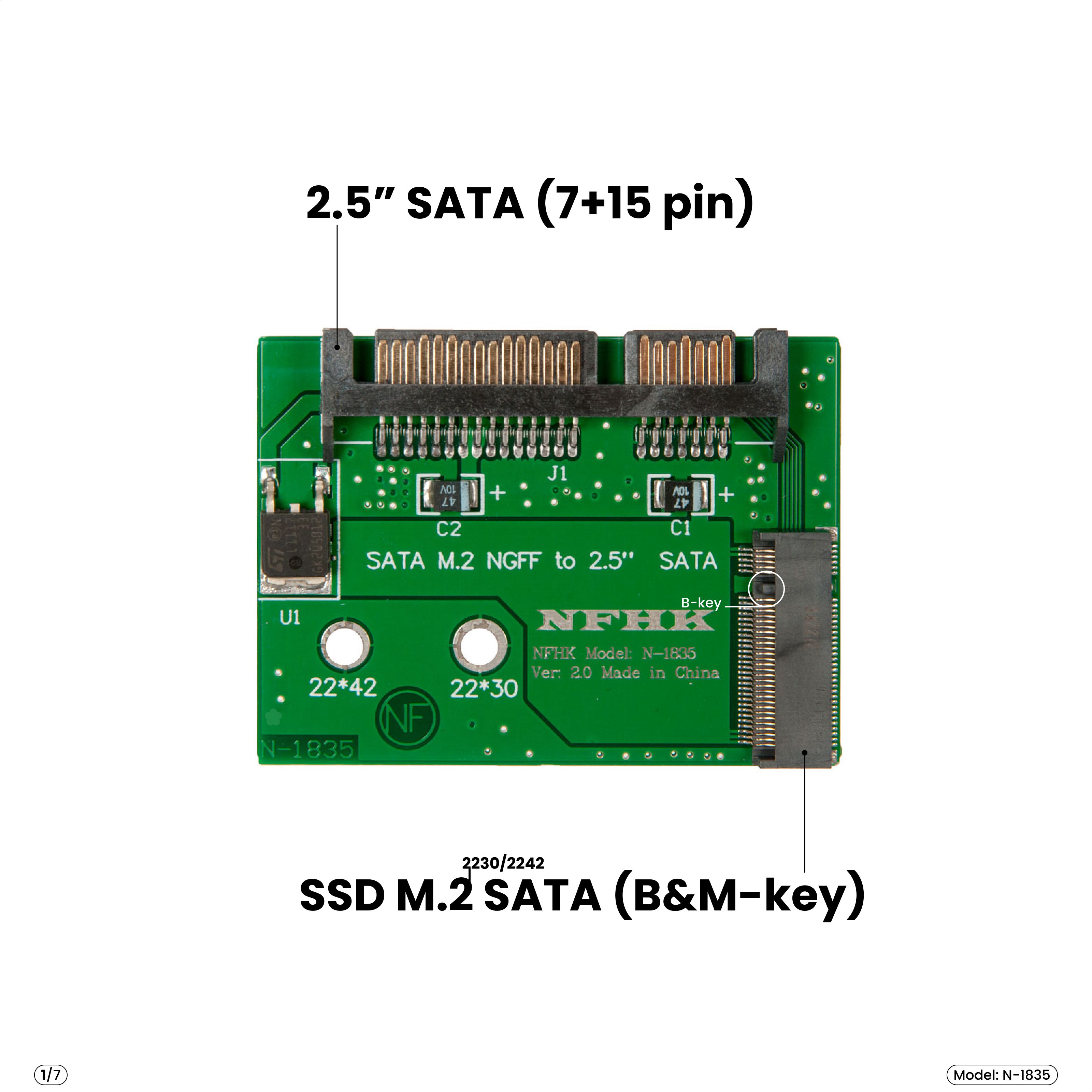 Адаптер-переходникSSDM.22230/2242SATA(B&M-key)>2.5"SATA,зеленый,N-1835