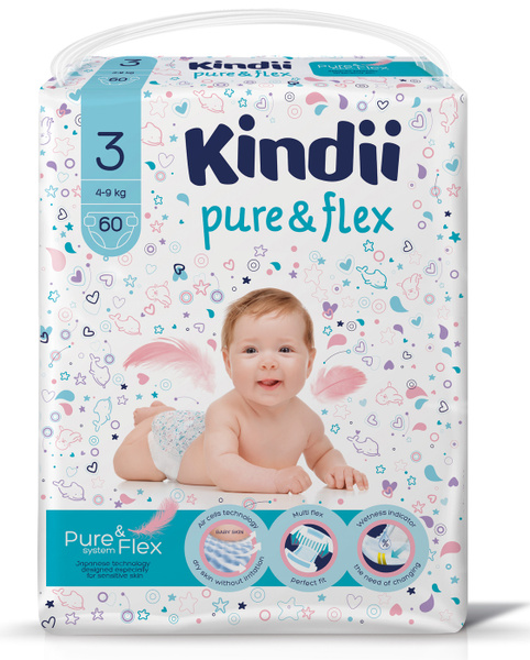 Подгузники 3 детские 60 шт, 4-9 кг, KINDII PURE&FLEX - купить с ...