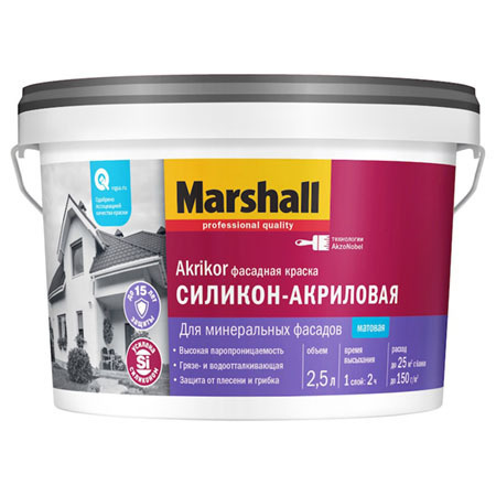 Краска Marshall AKRIKOR фасадная_BW Гладкая, Стирол-акриловая, Матовое ...