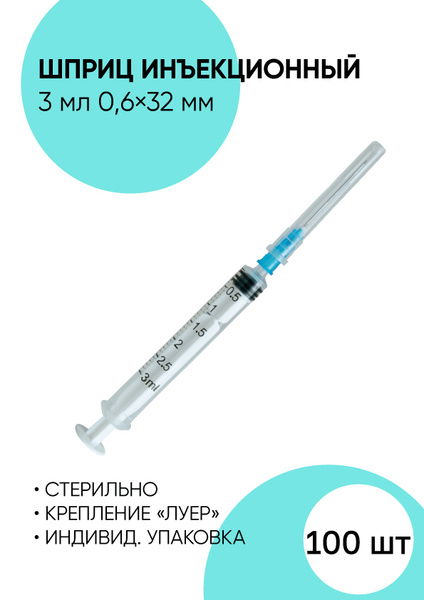 Шприц медицинский для инъекций, шприц инъекционный 3 мл. 100 штук ...
