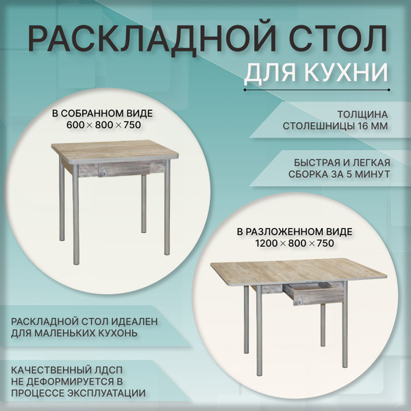 Стол-книжка Стол обеденный раскладной с ящиком, 60х80х75 см - купить по ...