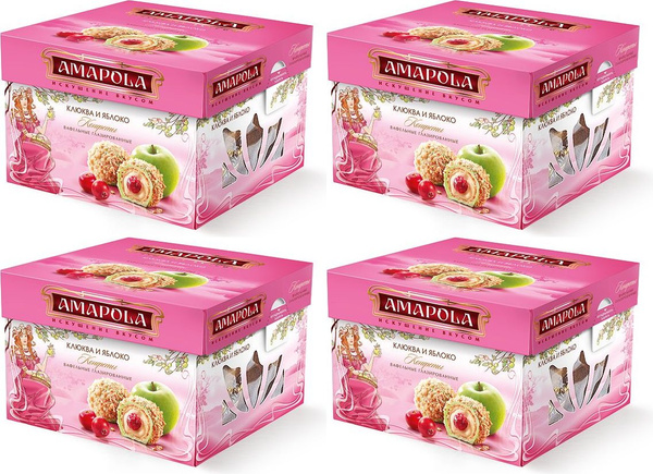 Конфеты вафельные Amapola клюква и яблоко, комплект: 4 упаковки по 100 ...