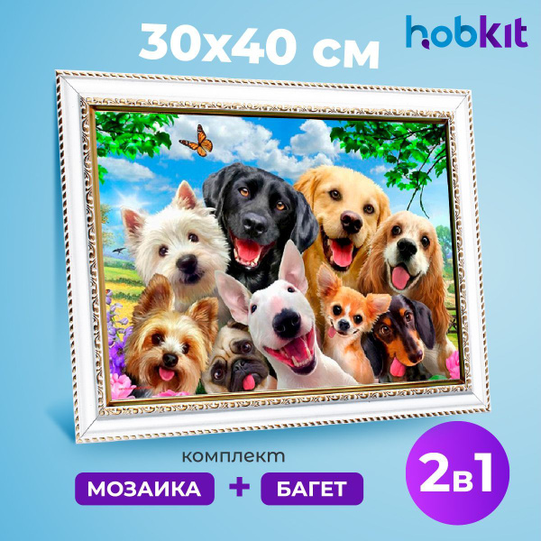 Алмазная мозаика полная выкладка HOBKIT "Веселые щенята 30х40+Багет ...