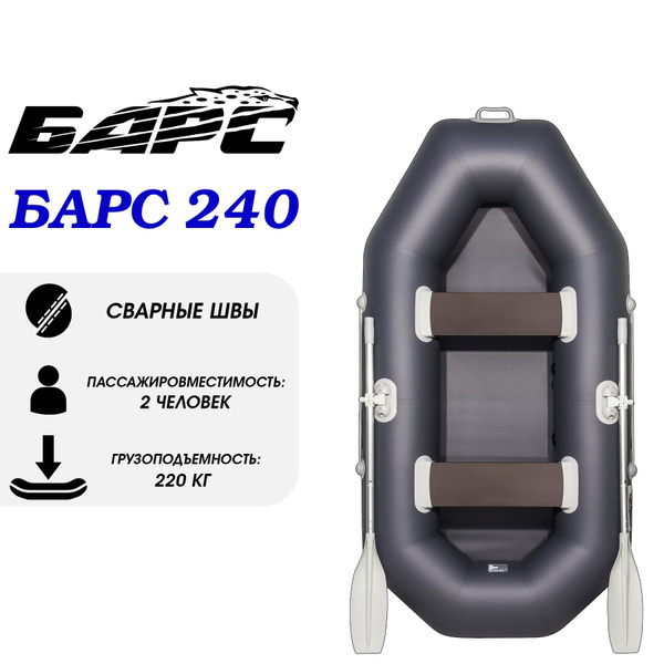 Лодка надувная ПВХ для рыбалки гребная двухместная "Барс 240", графит ...