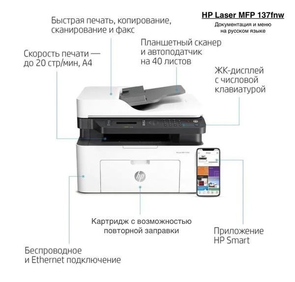 Как подключить принтер hp laser mfp 137fnw МФУ Лазерное HP 137fnw купить по низкой цене в интернет-магазине OZON (668553596