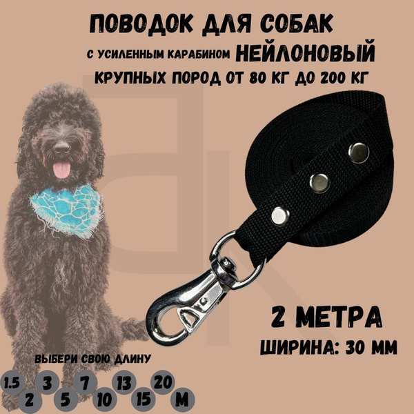 Поводок для больших собак нейлоновый с усиленным карабином 2 м х 30 мм ...