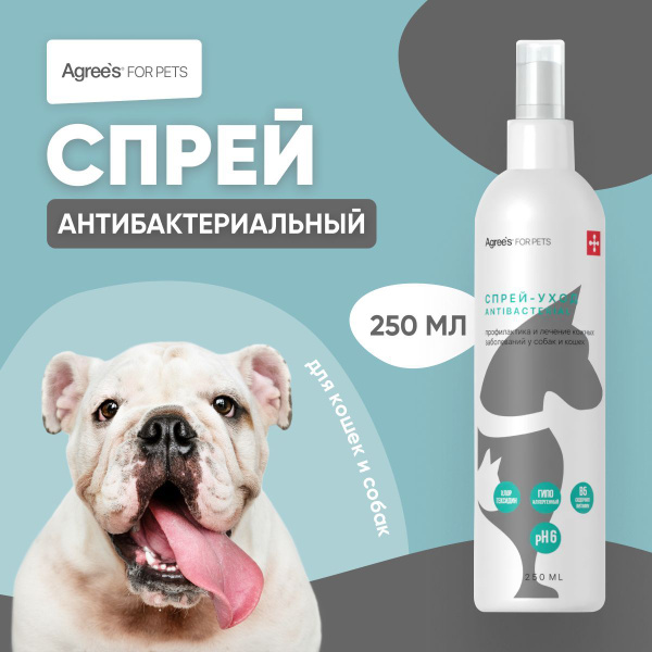 Антибактериальный спрей для кожи кошек и собак ANTIBACTERIAL, 250 мл ...