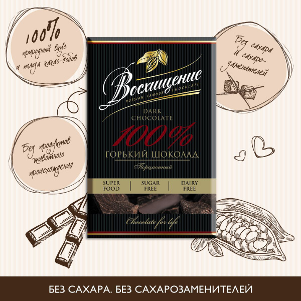 Шоколад "Восхищение" горький без сахара 100% какао, 100г - купить с ...