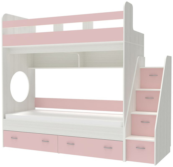Двухъярусная кровать КарИВи Юниор 1 80x160 Белое Дерево Розовыйx83 ...