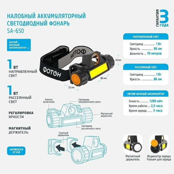 Фонарь налобный аккумуляторный светодиодный Фотон SА-650 с магнитным ...