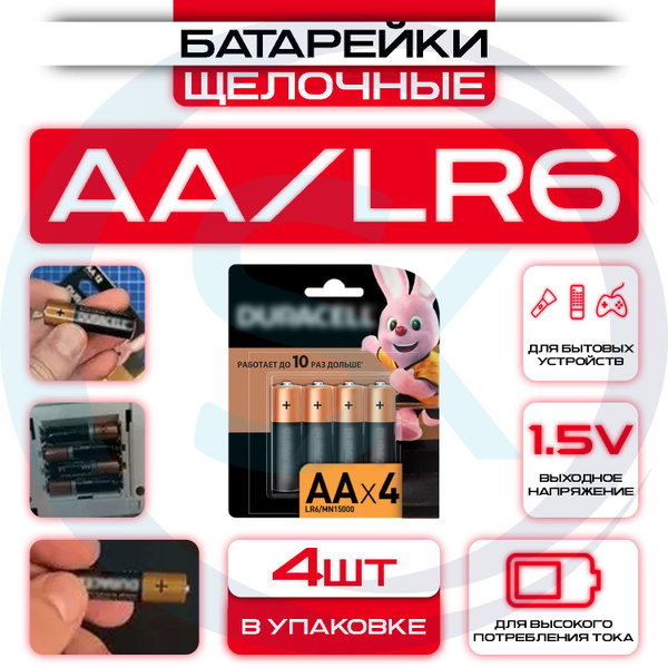 Батарейки щелочные (алкалиновые), тип АА, 1,5В, 4шт (пальчиковые ...