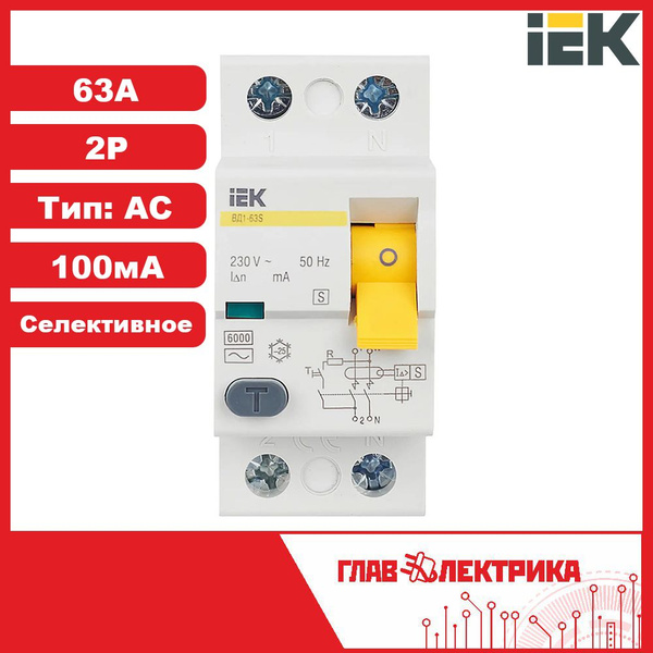 УЗО 63А 100мА 2P тип AC селективное IEK / Устройство защитного ...
