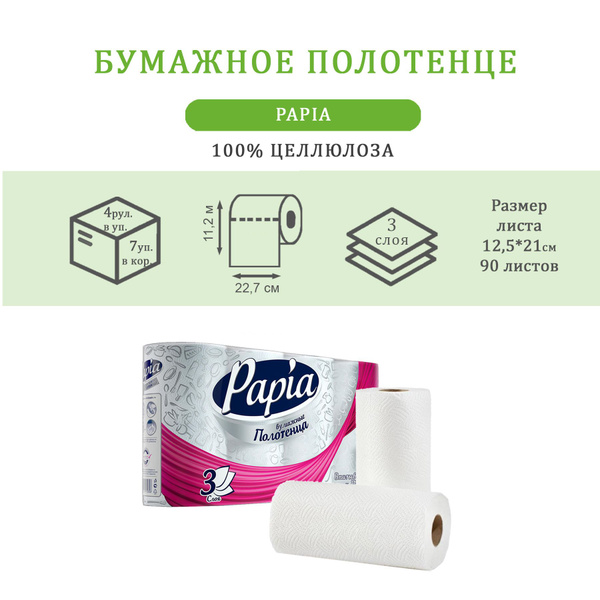 Бумажные полотенца PAPIA 3 слоя, 4 рулона в упаковке - купить с ...