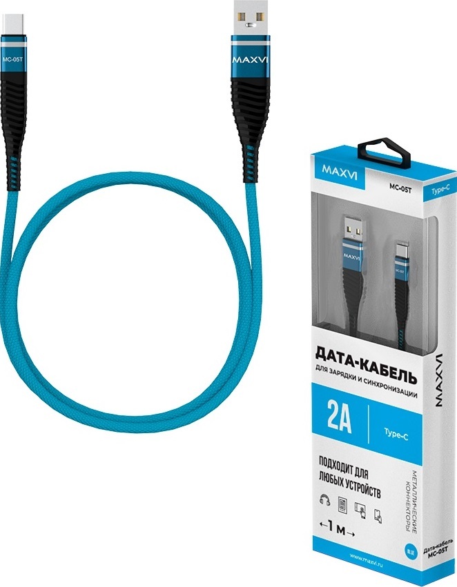 фото Кабель MAXVI MC- 05T, Type-C-USB, 2A, 1m, Blue