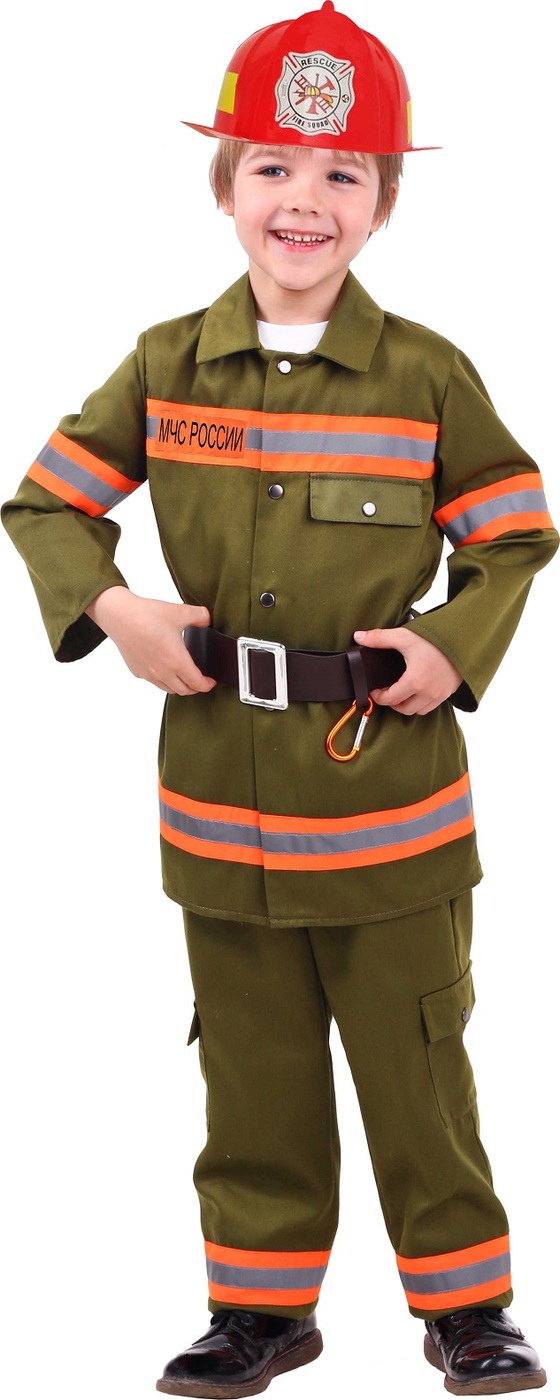 фото Карнавальный костюм Пожарный рубашка, брюки, каска, ремень, карабин размер 128-64 Пуговка
