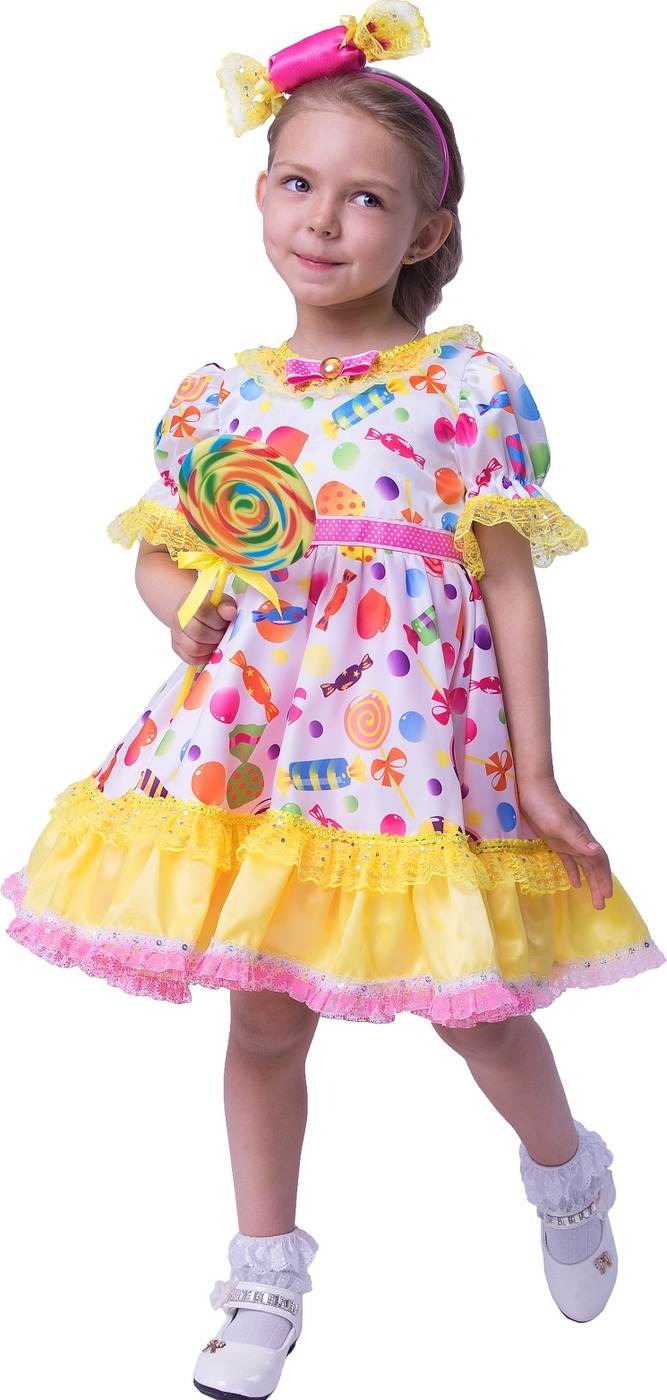 фото Карнавальный костюм Конфетка платье, ободок, леденец на палочке размер 134-68 Пуговка