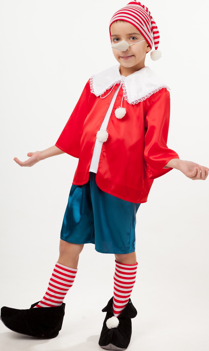 фото Карнавальный костюм Буратино рубашка, шорты, башмачки с гетрами, колпак, нос размер 110-56 Пуговка