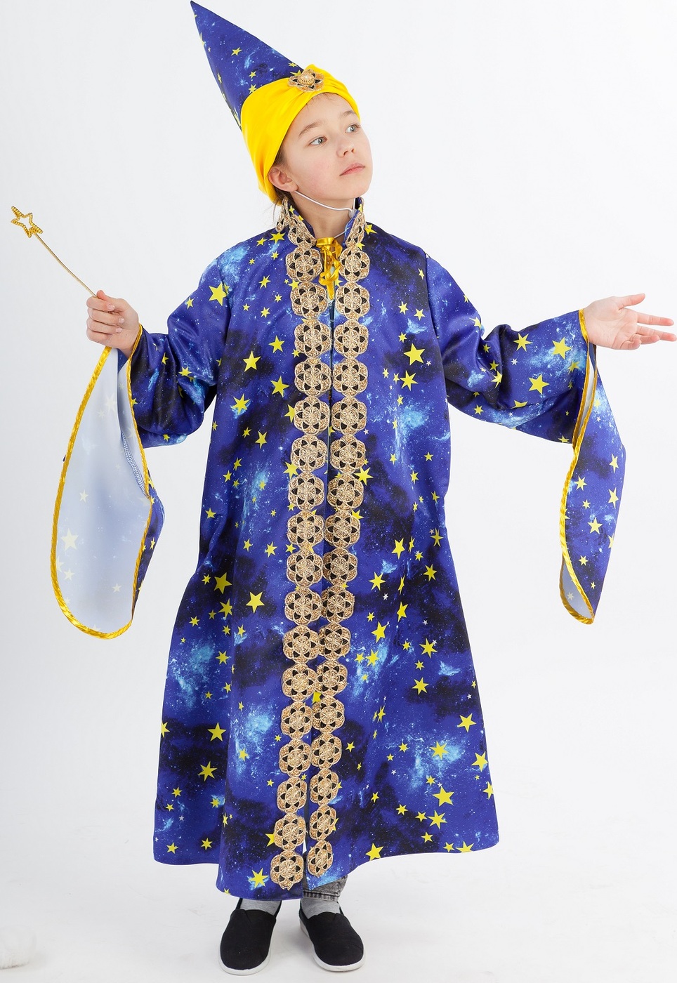 фото Карнавальный костюм Звездочет накидка, колпак, палочка со звездочкой размер 122-64 Пуговка