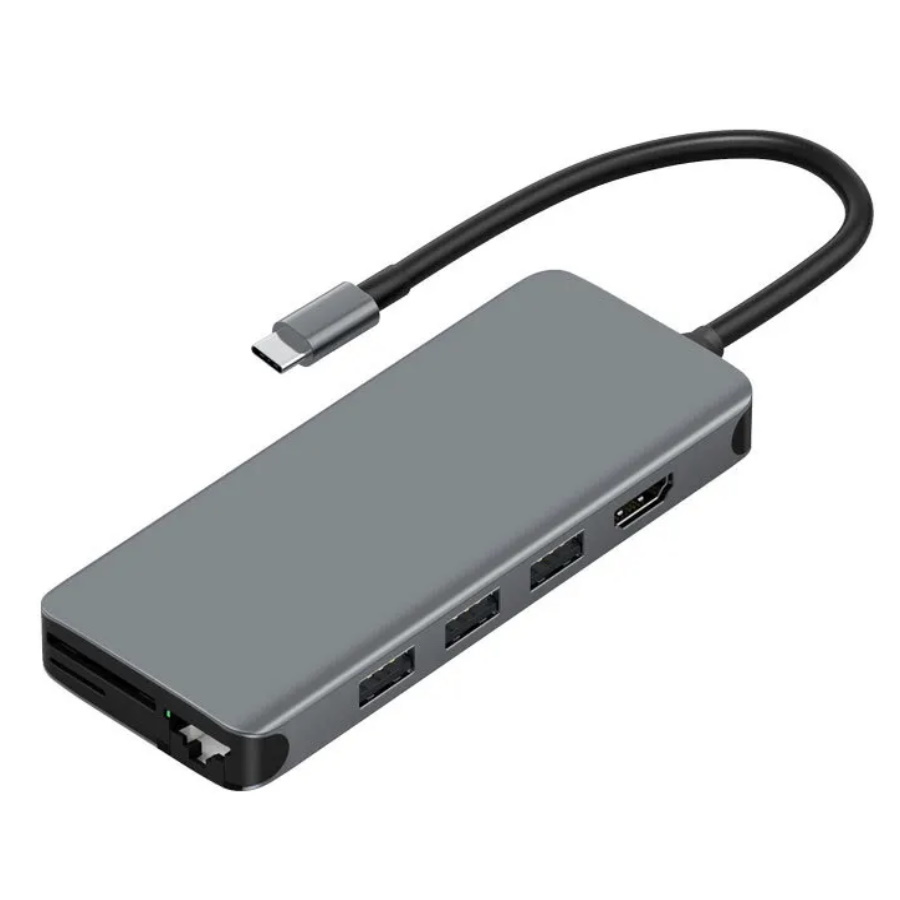 ХабWiWUAlpha12in1Type-Cto3xUSB3.0+3xUSB2.0+HDMI+RJ45+SD+TF+3.5mmAudio+PDType-CChargingGrey