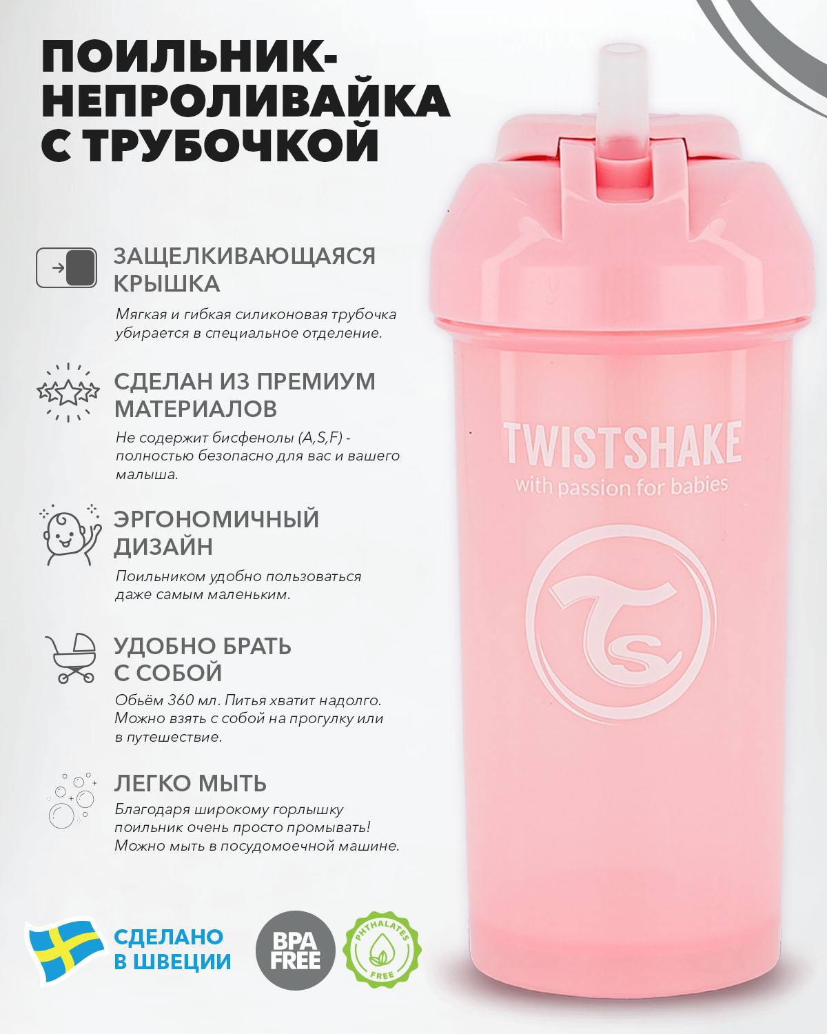 Детскийпоильник-непроливайкаструбочкойTwistshakeStrawCup,360мл,от6мес.Пастельныйрозовый