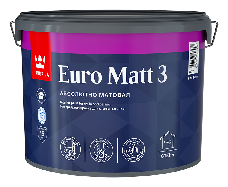 краска tikkurila euro matt 3, воднодисперсионная, матовое покрытие, белый