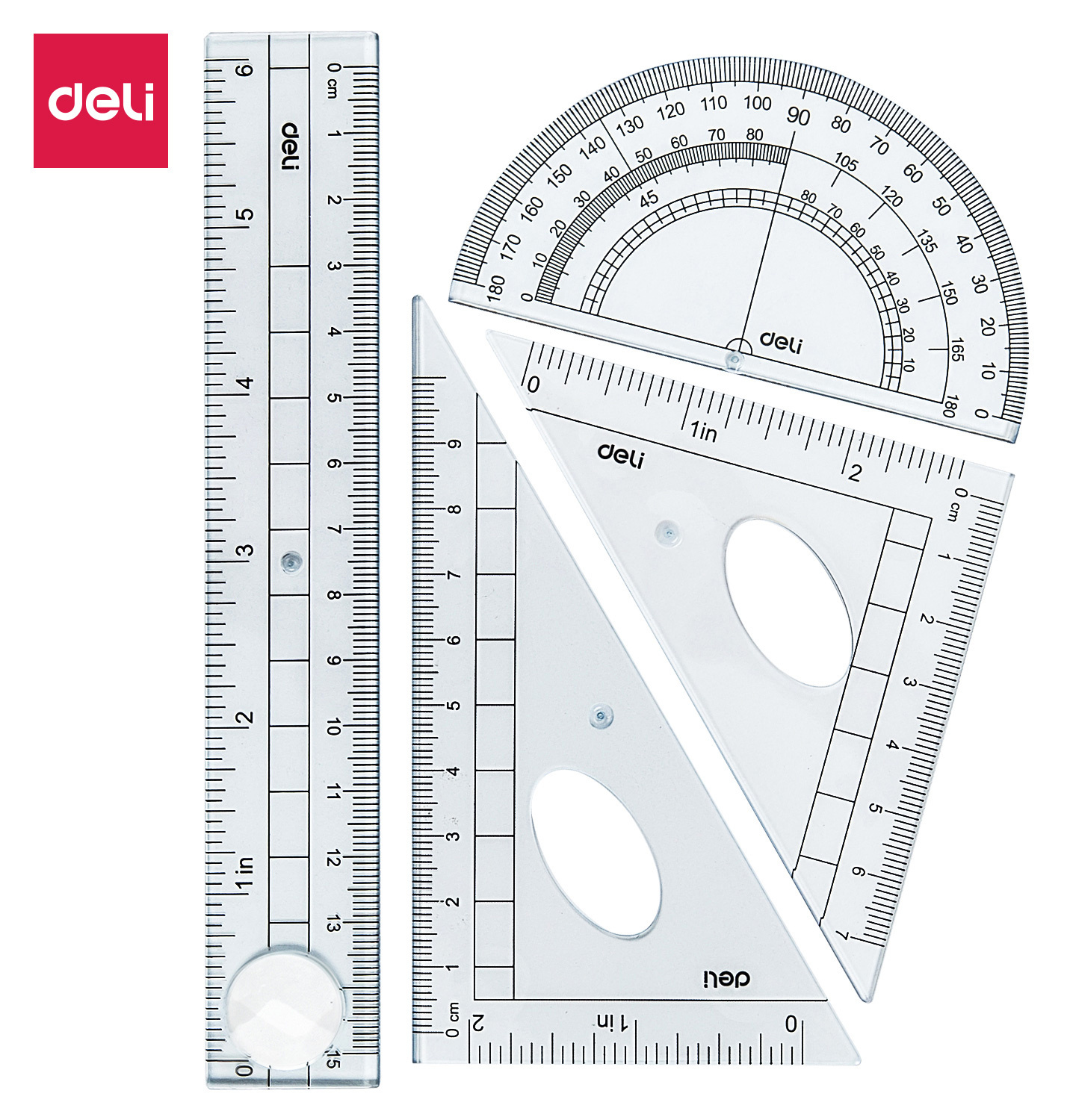 Наборчертежныйдляшколы,геометрииDeli,линейка15см,треугольник2шт.,транспортир,прозрачный