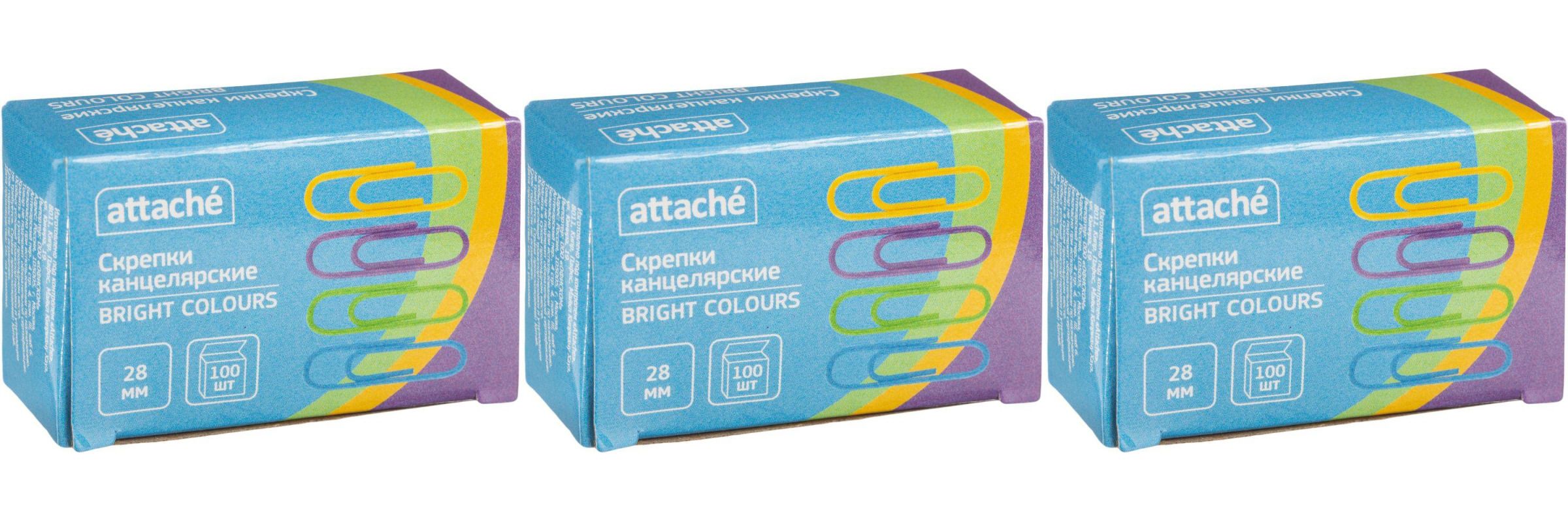 Attache Скрепки Bright Colours 28 мм 100 шт, 3 уп