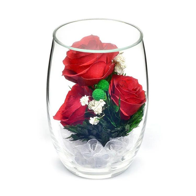 Стабилизированные цветы в стекле. Красные розы в стеклянной вазе. Стабилизированные цветы композиции.