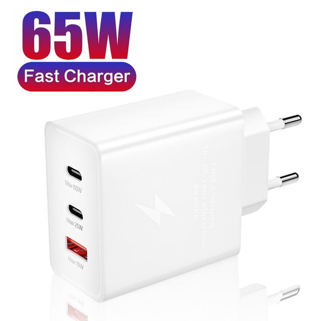 СетевоезарядноеустройстводляSamsung65WPDPowerAdapterTrioUSB-Cx2Ports,USB-APort,Белый