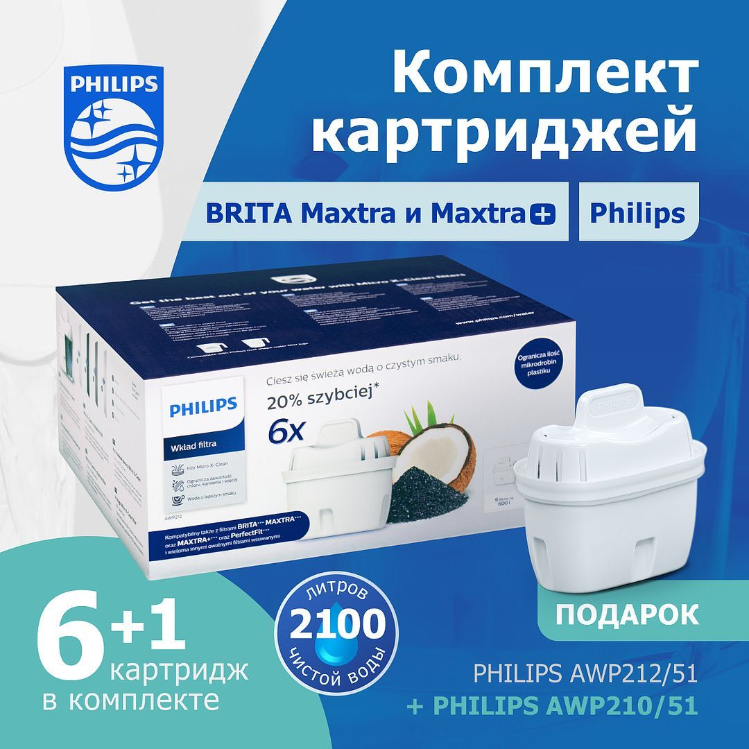 Набор универсальных картриджей для фильтр-кувшинов Brita и Philips AWP212(6шт)+ ПОДАРОК Philips AWP210 (1шт), комплект из 7шт, активированный уголь, снижает содержание ПФОК и пестицидов, улучшает вкус