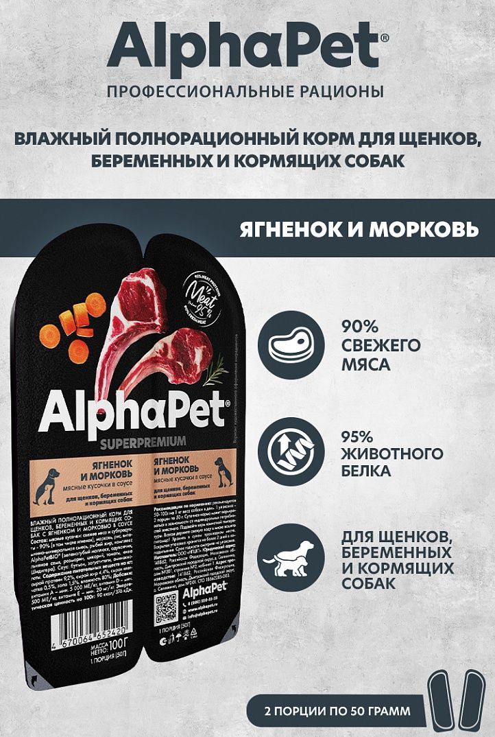 Влажный корм для щенков, беременных и кормящих собак AlphaPet Superpremium полнорационный, ягненок и морковь мясные кусочки в соусе, 100г х 15 шт