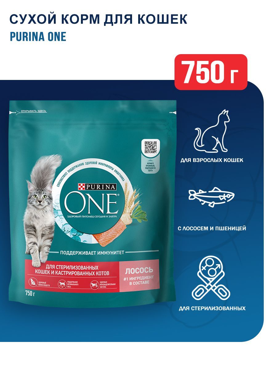 PurinaOneсухойкормдлявзрослыхстерилизованныхкошекслососемипшеницей-750г