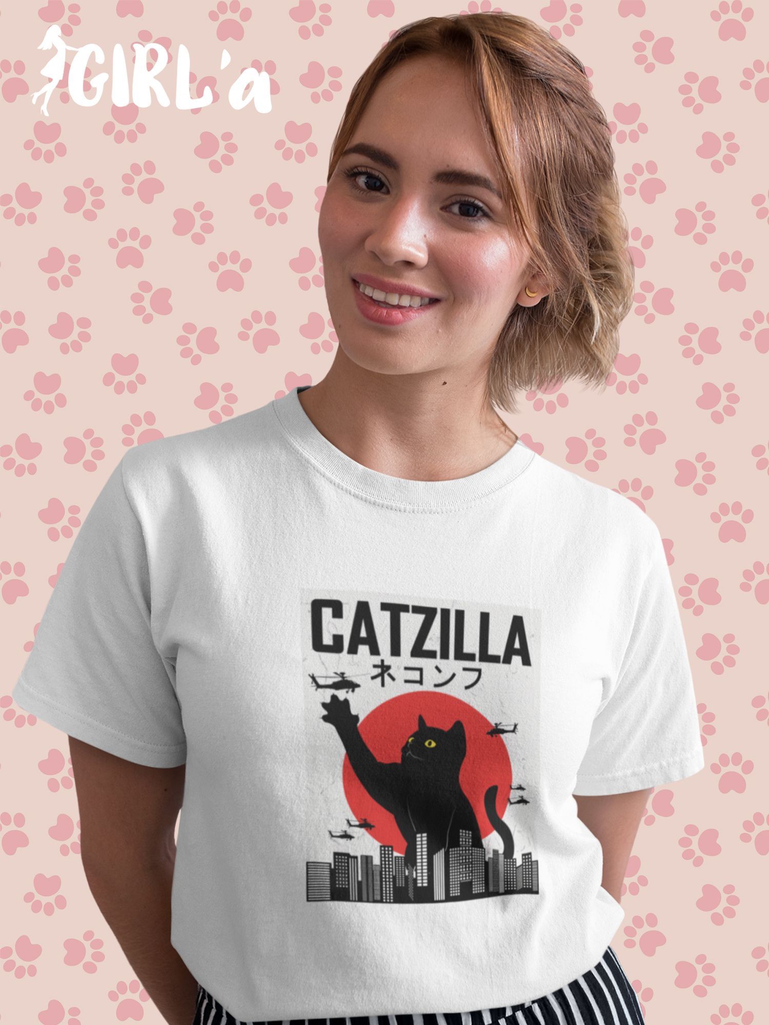 Белая <b>футболка</b> женская с принтом &quot;CATZILLA&quot;, выполнена из высокок...