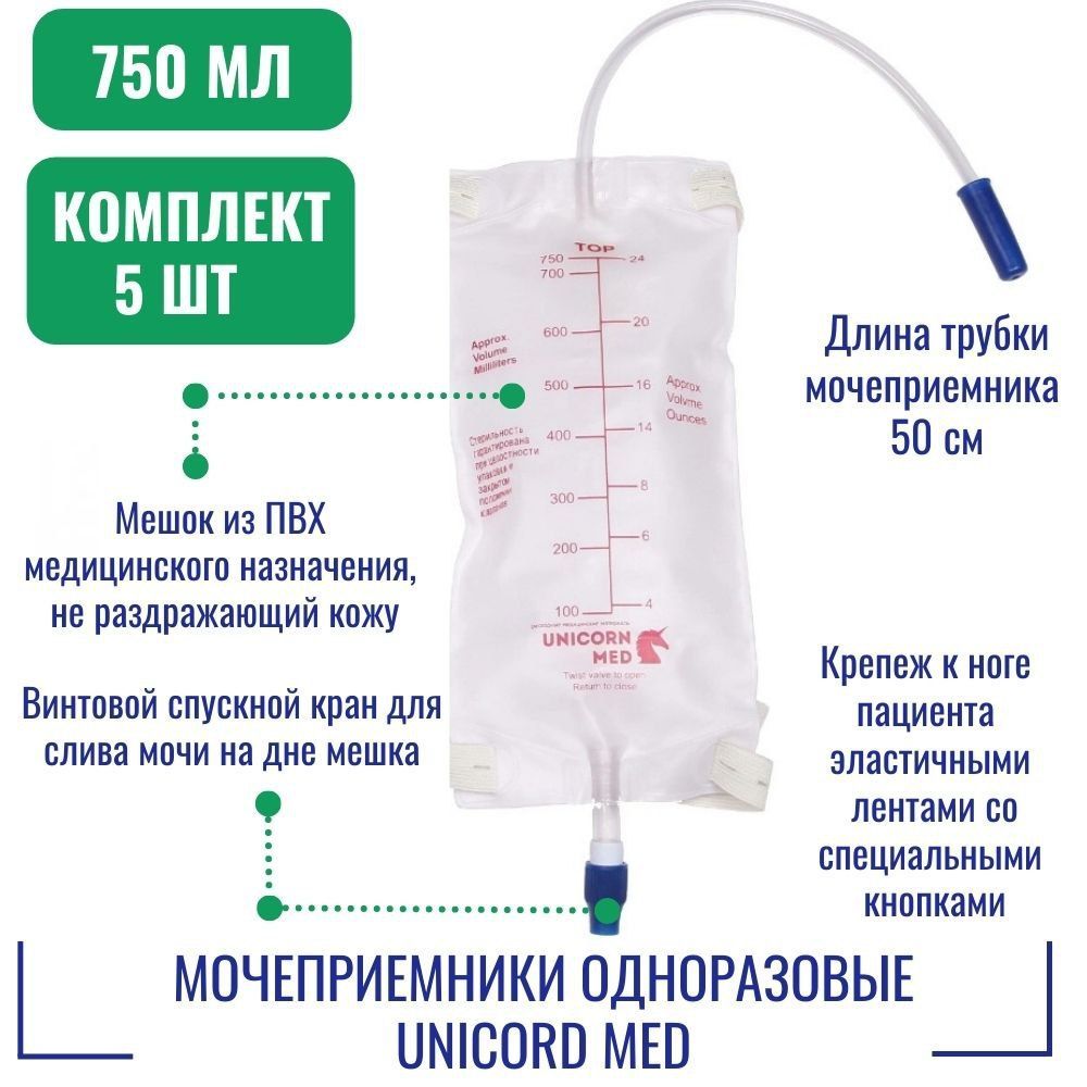 Мочеприемники750млUNICORDMEDодноразовыйстерильный,сустройствомдлякрепления,спрямымкраномдлясливасодержимого,сприводнойтрубкой(5шт.)