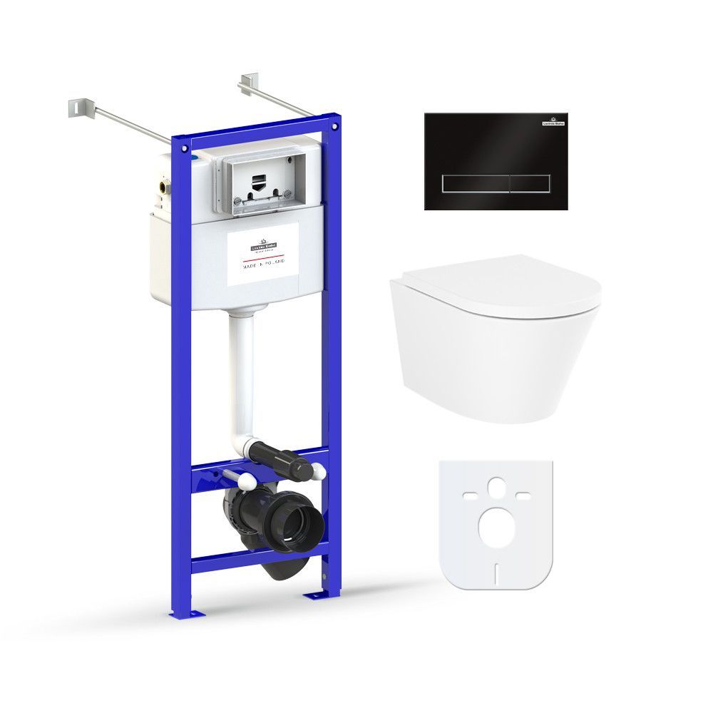 Инсталляция с подвесным унитазом комплект 6 в 1 Lavinia Boho Biore Rimless 77050184: подвесной безободковый унитаз, сиденье микролифт, инсталляция, крепление, кнопка, шумоизоляция. Германия