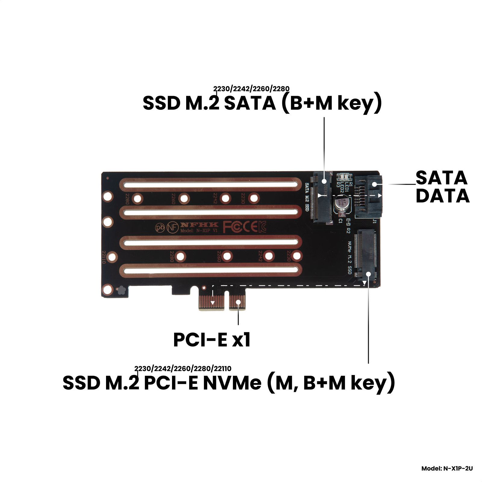 Адаптер-переходник(платарасширения)SSDM.2SATA-SATADATA/M.2PCI-ENVMe-PCI-Ex1,низкопрофильнаяверсия,черный,NFHKN-X1P-2U