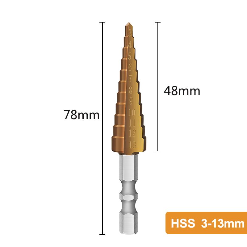 Ступенчатоесверлопометаллуидереву3-13ммсшестиграннымхвостовиком,TiCNпокрытый,1шт.