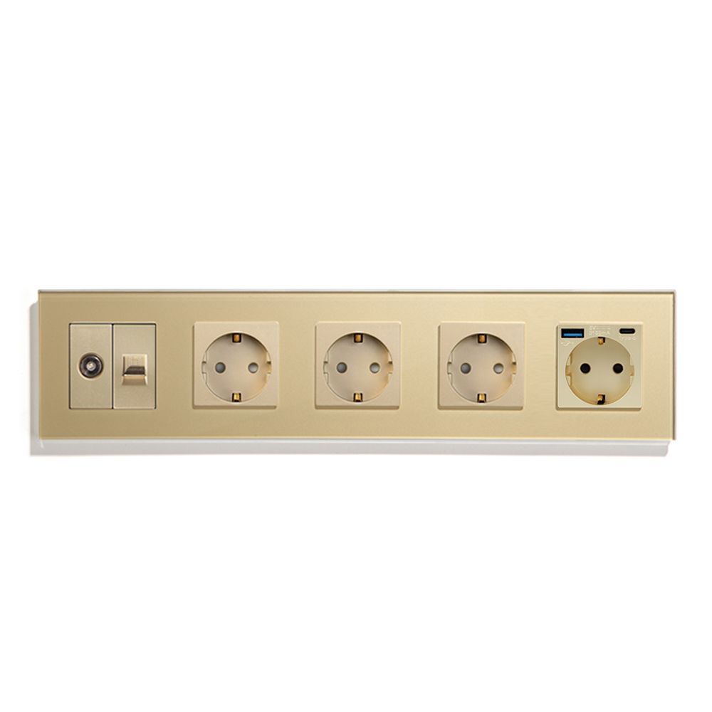 Розеткаэлектрическая5постасUSB/Type-C+RJ45ТВ-Компьютер220В16АСтеклоРамказолото