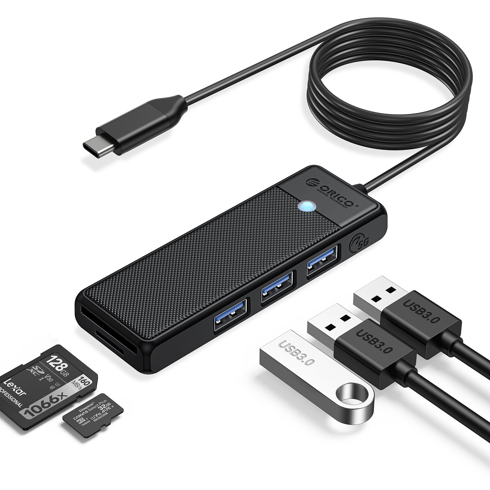 USB - хаб ORICO PAPW3AT USB HUB 3.0 Type-C хаб USB, USB3.0*3 TF/SD 3.0*2, ЧЕРНЫЕ, 1.8м