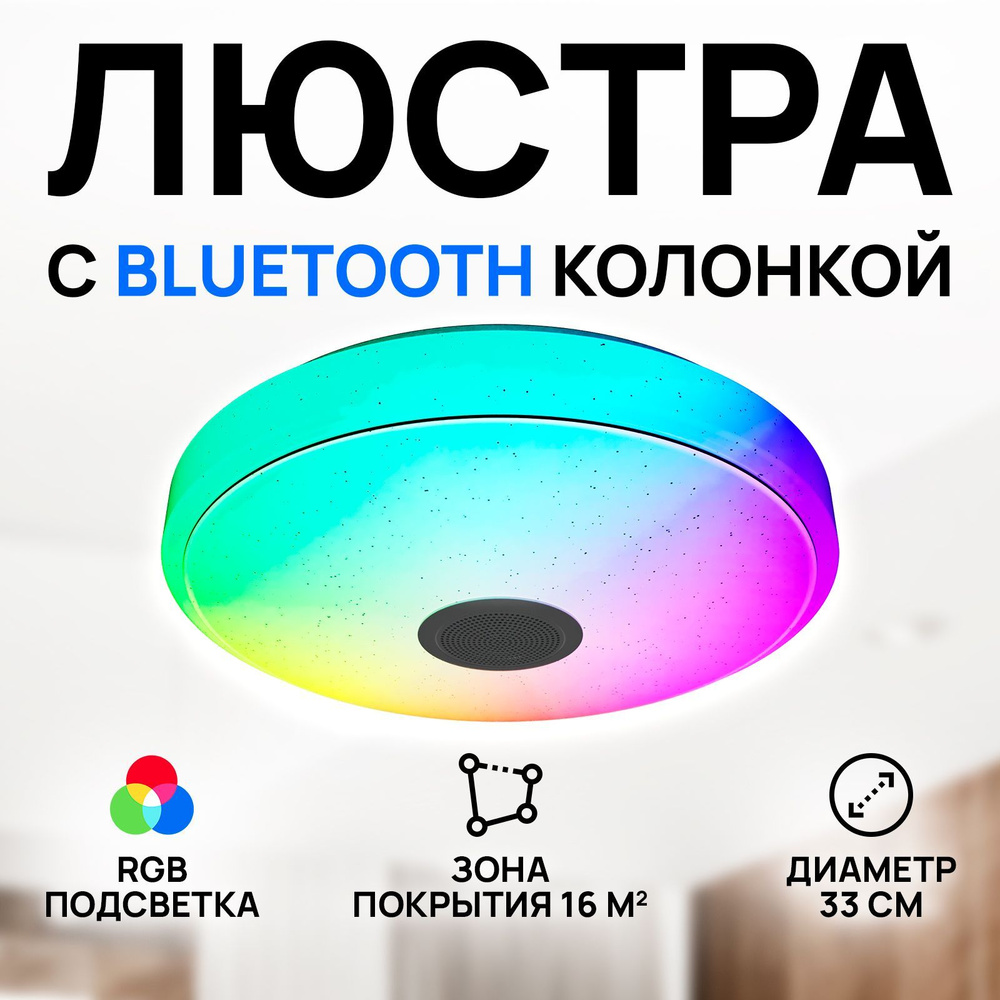 Люстра потолочная светодиодная с ДУ пультом / RGB лампа с Bluetooth колонкой встраиваемая / Светильник #1