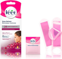 Veet Восковые полоски для чувствительных участков тела и лица Easy Gel-wax, с ароматом бархатной розы и эфирными маслами, 20 шт. Спонсорские товары