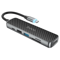 Хаб для MacBook 6в1 hoco HB24 / Type-C to HDMI + Card Reader microSD + SD + USB3.0 + USB2.0 + USB-C (PD2.0) / кабель 13.5см / ABS + цинковый сплав / темно-серый + черный. Спонсорские товары